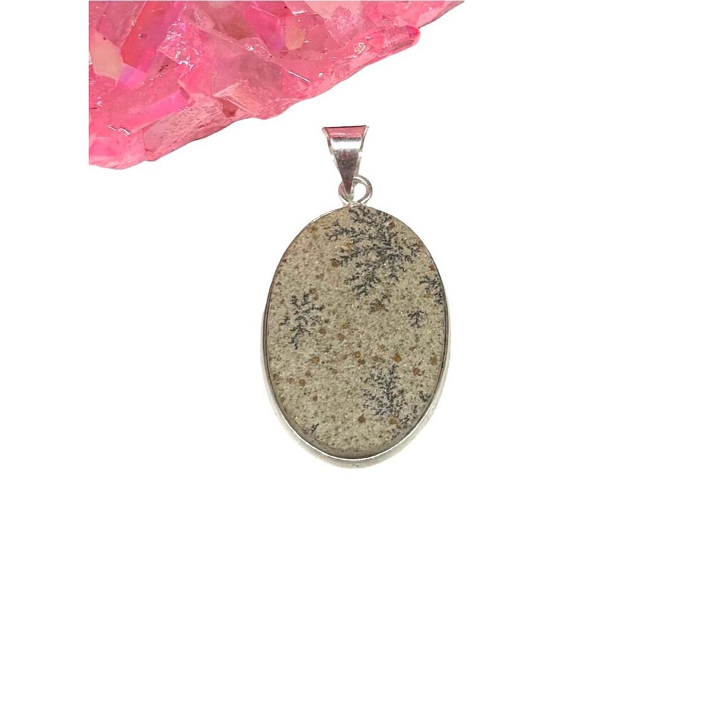 Dendritic Opal Necklace Pendant 925 Sterling Silver Overlay Oval Tan